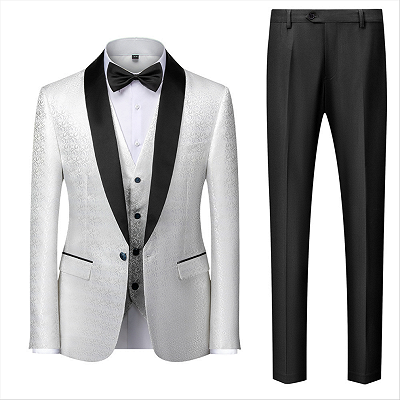 Gentle Black and White Men's Wedding Tuxedos | Satin Shawl Lapel Jacquard Prom Suits_2