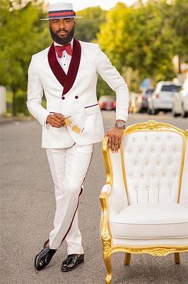 Bryan White Jacquard Double Breasted Wedding Suit with Burgundy Lapel