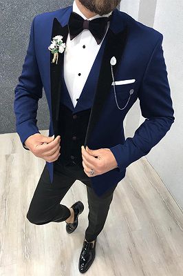 3 Piece Black-and-blue Peak Lapel Wedding Suits Tuxedos with Waistcoat_1