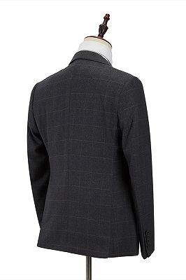 Classic Dark Gray Plaid Peak Lapel 3 Piece Men's Suit with Double Breasted Waistcoat_2