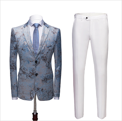 Printing Men's Prom Suits | Blue Wedding Tuxedos with White Pants_2