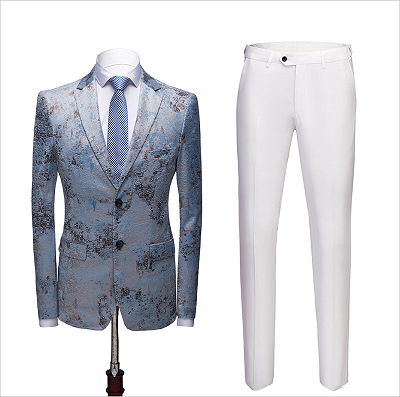 Printing Men's Prom Suits | Blue Wedding Tuxedos with White Pants