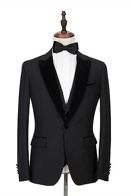 2 Piece Velvet Peak Lapel Classic Black Groom's Wedding Suit Tuxedos_1