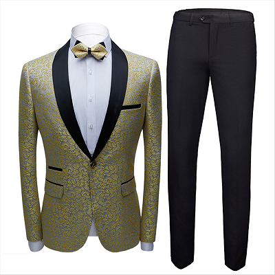 Chic Black Satin Shawl Lapel Prom Suits | Gold Jacquard Men's Wedding Tuxedos - Terence_3