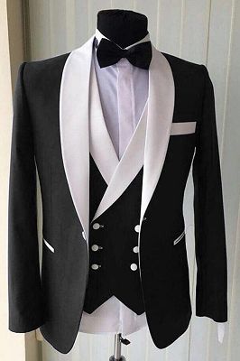 Wedding Groom White Lapel Shawl Lapel Classic 3 Piece Black Men's Suit for Formal_1