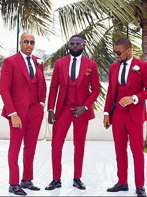 Red Slim Fit Peaked Lapel Wedding Groomsmen Suit with 3 Pieces_1