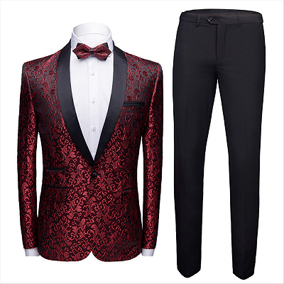 Modern Burgundy Jacquard Wedding Tuxedos | Shawl Lapel Black Satin Men's Prom Suits