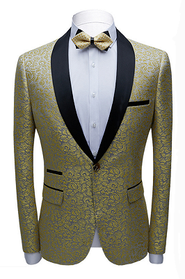 Chic Black Satin Shawl Lapel Prom Suits | Gold Jacquard Men's Wedding Tuxedos - Terence_1