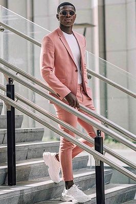2 Piece Notched Lapel Pink Men's Suits for Casual with Flap Pockets_2