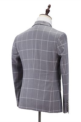 Silver Gray Plaid Peak Lapel Double Breasted Men's Formal Suit for Business
