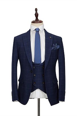 Classic Blue Plaid Peak Lapel 3 Piece Men's Suit with Double Breasted Waistcoat_1