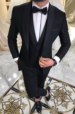 3 Piece Black Men's Suits for Groom | Shawl Lapel Wedding Tuxedos with Waistcoat_1