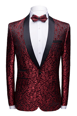 Modern Burgundy Jacquard Wedding Tuxedos | Shawl Lapel Black Satin Men's Prom Suits_1