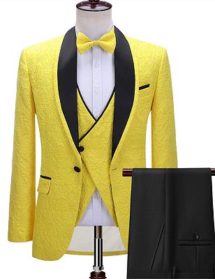 Alejandro Handsome Yellow One Button Three-Piece Wedding Suit with Black Lapel_1
