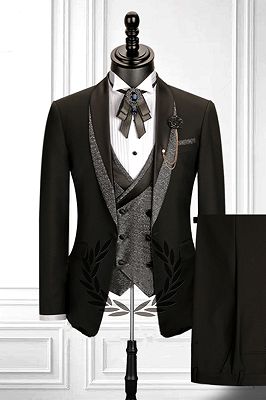 Stitching Shawl Lapel Black 3 Piece Men's Suit with Double Breasted Waistcoat_1