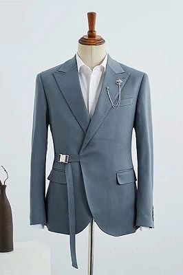 Stylish Morandi Dust Green Peak Lapel Adjustable Buckle Men's Casual Suit for Summer_1
