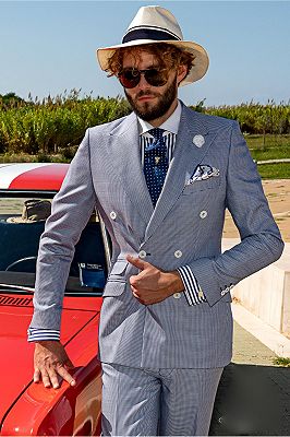 Silver Double Breasted Peaked Lapel Plaid Formal Men Suits Online_2