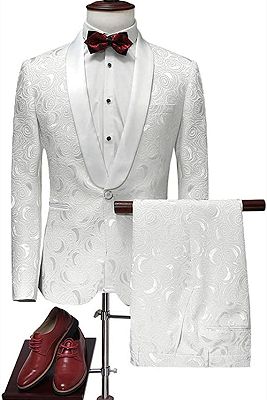 Latest White Jacquard Suits for Wedding Tuxedos Groom Wear | Shawl Lapel Groomsmen Outfit Man Blazers 3Piece