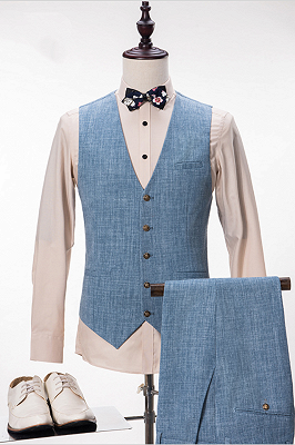 Stylish Blue Linen Suit For Wedding | Peak Lapel Summer Groom and Groomsmen Suits