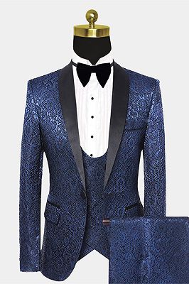 Gentle Dark Navy Damask Floral Men's Wedding Tuxedos Prom Suits with Black Satin Lapel