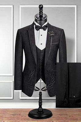 Classic Notch Lapel Black Groom Suit | Slim Fit Jacquard Wedding Tuxedo