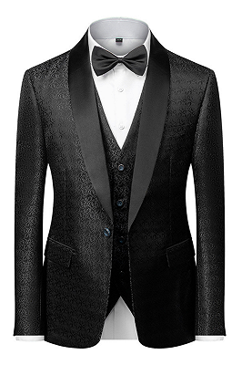 Classic Black Satin Shawl Lapel Jacquard Suits Men's Wedding Tuxedos