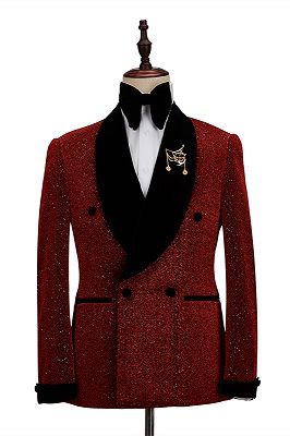 Cristian Sparkle Red Black Shawl Lapel Double Breasted Fashion Wedding Men Suits