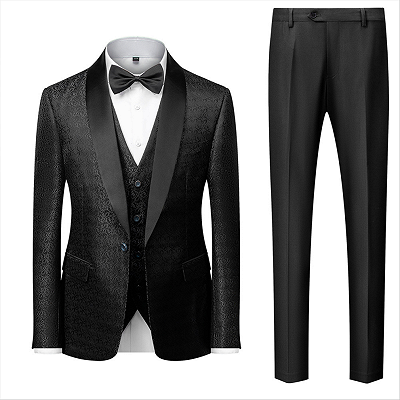 Classic Black Satin Shawl Lapel Jacquard Suits Men's Wedding Tuxedos