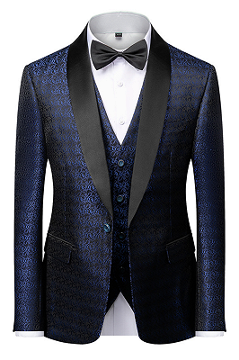 Popular Dark Navy Blue Men's Wedding Tuxedos | Black Satin Lapel Jacquard Prom Suits_1