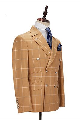 Peak Lapel Flap Pockets Double Breasted Plaid Orange Men's Business Suit for Formal