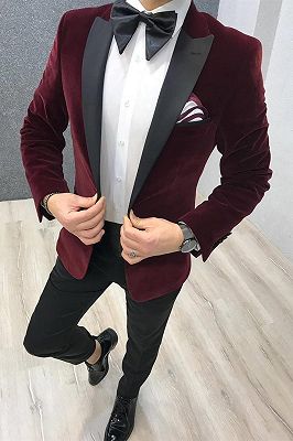 2 Piece Burgundy Velvet Wedding Suits | Black Satin Peak Lapel Wedding Tuxedos