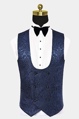 Gentle Dark Navy Damask Floral Men's Wedding Tuxedos Prom Suits with Black Satin Lapel