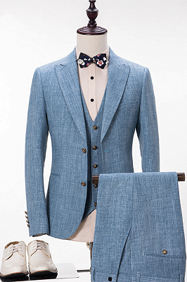 Stylish Blue Linen Suit For Wedding | Peak Lapel Summer Groom and Groomsmen Suits