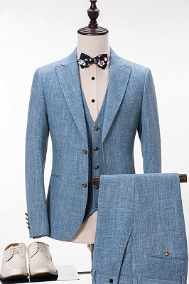Stylish Blue Linen Suit For Wedding | Peak Lapel Summer Groom and Groomsmen Suits_1