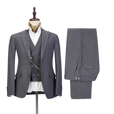 Mark Three Pieces Peaked Lapel Gray Business Men Suits_2