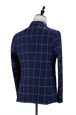 Dark Blue Three Flap Pockets Double Breasted Plaid Men's Formal Suit for Business_2