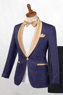 Colton Dark Blue Jacquard Shawl Lapel Wedding Suits_1