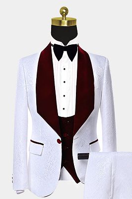 Burgundy Velvet Lapel Prom Suits | White Jacquard Chic Wedding Tuxedos