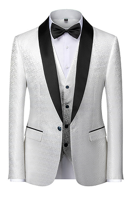Gentle Black and White Men's Wedding Tuxedos | Satin Shawl Lapel Jacquard Prom Suits_1