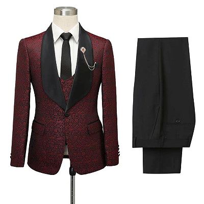 Cesar Burgundy One Button Shawl Lapel Jacquard Wedding Groom Suits_5