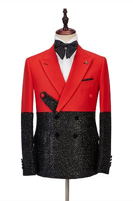 Latest Peak Lapel Bright Red Stitching Sparkle Black Fashion Men's Suit