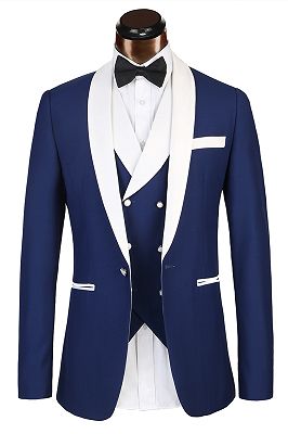 3 Piece Classic White Lapel Edge Banding Formal Blue Men's Suit For Wedding_4