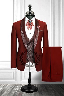 Red 3 Piece Stitching Lapel Stylish Double Breasted Waistcoat Men's Formal Suit