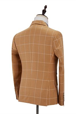 Peak Lapel Flap Pockets Double Breasted Plaid Orange Men's Business Suit for Formal_3