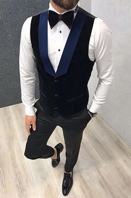3 Piece Black-and-blue Peak Lapel Wedding Suits Tuxedos with Waistcoat_3