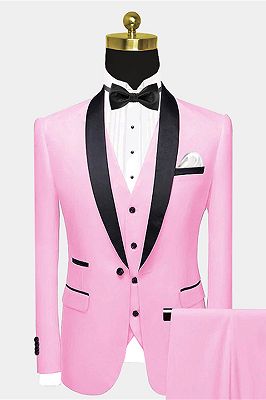 Slim Fit Chic Candy Pink Black Satin Shawl Lapel Prom Suit for Men