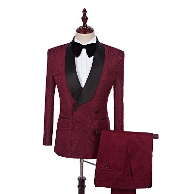 Richard Burgundy Jacquard Double Breasted Best Fitted Wedding Suits Online