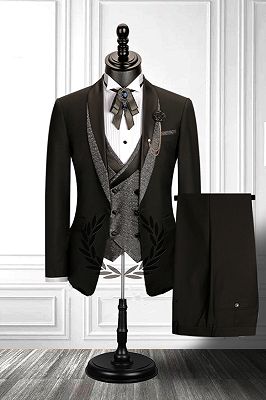 Stitching Shawl Lapel Black 3 Piece Men's Suit with Double Breasted Waistcoat_2