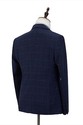 Classic Blue Plaid Peak Lapel 3 Piece Men's Suit with Double Breasted Waistcoat