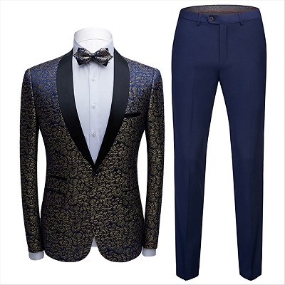 Modern Black Satin Shawl Lapel Wedding Tuxedos | Gold Jacquard Blue Men's Suits for Prom_3